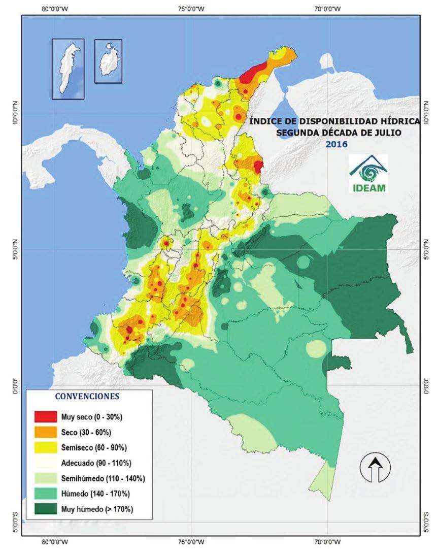 Agosto 2016 zona cafetera Colombiana excepto en el departamento de Antioquia. En general, la disponibilidad hídrica en Colombia para julio de 2016 continúo por debajo de las condiciones históricas.