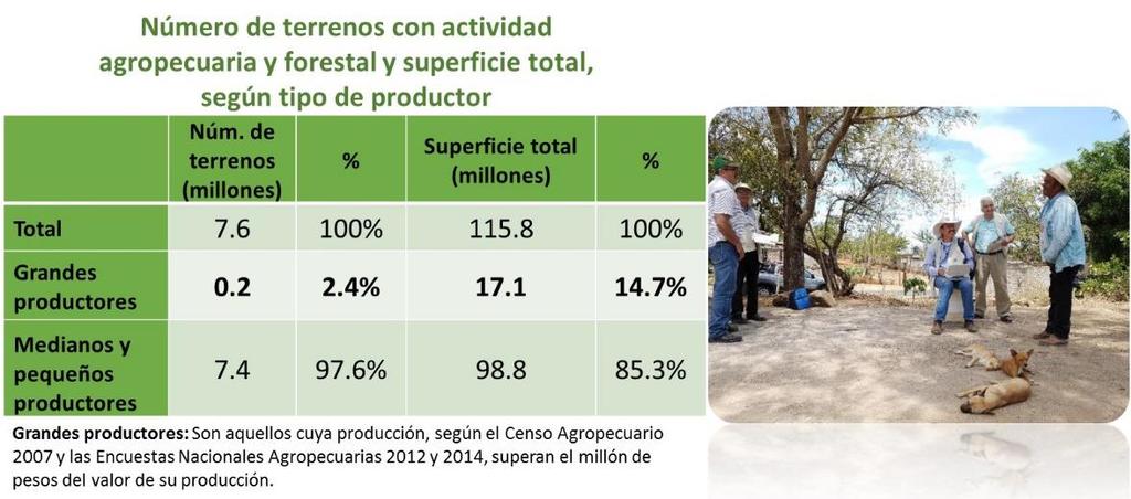 Total de terrenos rurales en el país 9.3 millones Propia 91.1% Rentada 3.8% A medias o en aparcería 1.0% Prestada 2.7% Concesión 0.1% Posesión 1.2% No especificada 0.