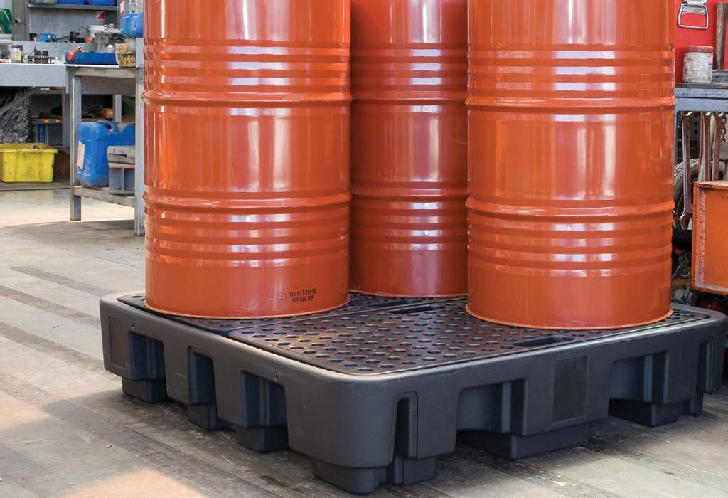 SJ-100-007 Spill pallets for 1, 2 or 4 drums Durable, removable platform Platform with hand inserts and holes for inspection & pump