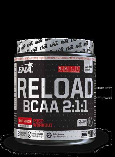 Productos / Aminoácidos RELOAD (BCAA 2:1:1) Presentación 220 gr. Retrasa la aparición de la fatiga muscular. Evita la pérdida de masa muscular. PRINCIPIOS ACTIVOS: Leucina + isoleucina + valina.
