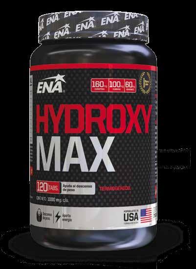 Productos / Quemadores HYDROXY MAX Presentación 120 tabletas de 1000 mg. c/u. Aumenta la oxidación de grasas durante el entrenamiento.induce la deshidratación leve. Controla el apetito.