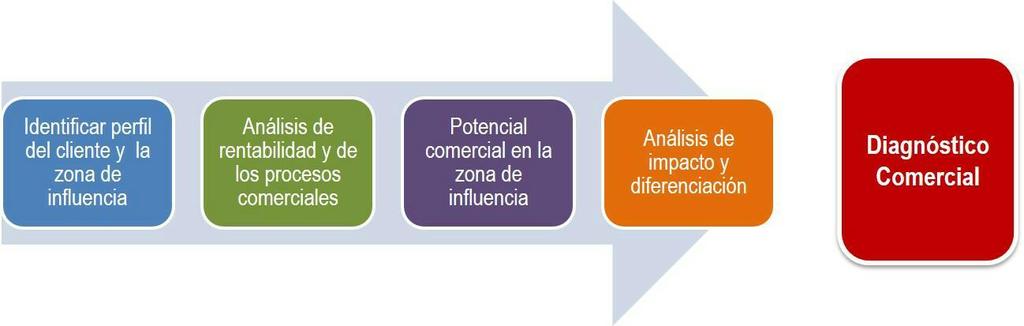 1.- Diagnóstico comercial: a) Se Identifica el perfil del cliente, la zona de influencia y el mercado disponible en su zona de influencia. b) Análisis de rentabilidad y de los procesos comerciales.