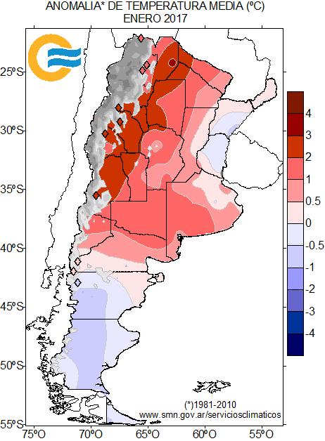 Hacia el oeste, La Pampa y oeste de Buenos Aires, los desvíos fueron mayores, con desvío por arriba de lo normal de hasta +2 C.