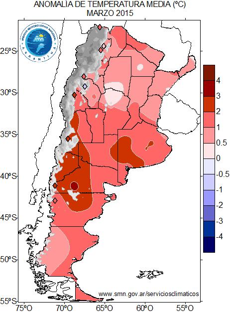 Sobre el centro y sur se observaron marcas térmicas por arriba de lo normal con desvíos de +1 a +2 C en general; se destacó un núcleo sobre parte del sudeste de Buenos Aires con desvíos de