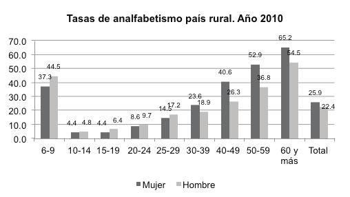 Gráfico E.02. Tasas de analfabetismo por sexo edad y país urbano y país rural.