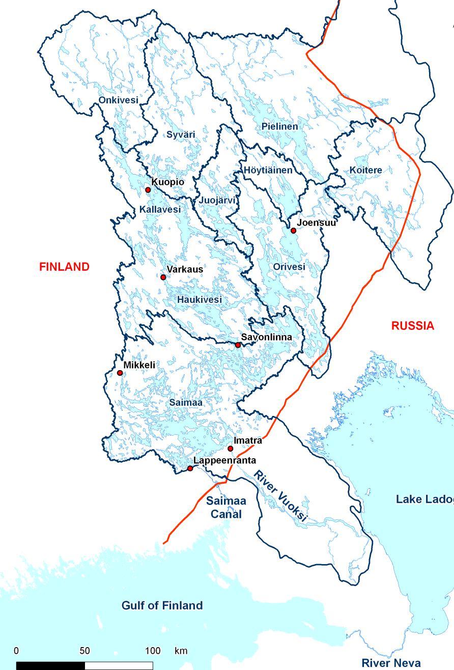 El sistema del lago Saimaa - río Vuoksi Cuenca 70 000 km 2 - Finlandia 77%, Rusia 23% Lake Saimaa - superficie de 4460 km 2 - precipitación ~ 600 mm -