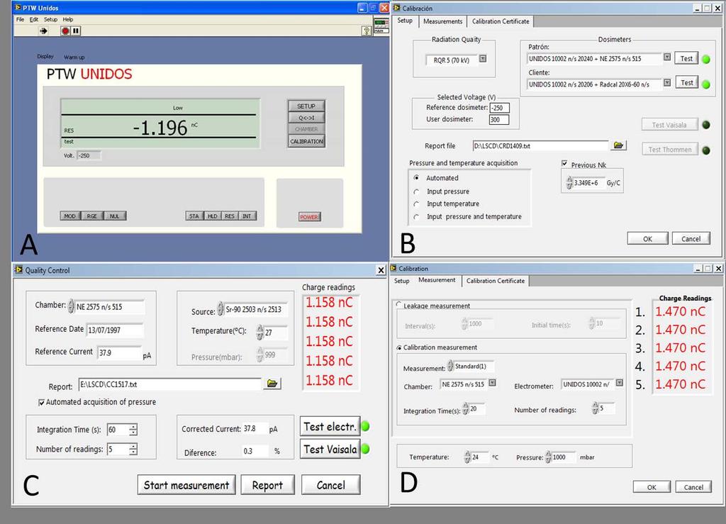 Figura 3. Vista de los módulos del software. A. Instrumento, B. Calibración (Setup), C. Control de calidad, D. Calibración (Mediciones). 4.