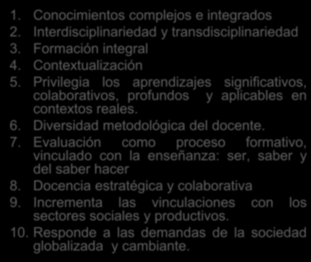 Énfasis del Enfoque 1. Conocimientos complejos e integrados 2. Interdisciplinariedad y transdisciplinariedad 3. Formación integral 4. Contextualización 5.