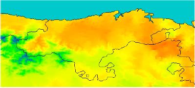 ) y régimen pluviométrico durante el año hidrológico en las dos vertientes de Cantabria (inf.) (serie 1950-2000).