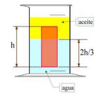 PROBLEMA N 11 Un recipiente contiene una capa de agua (ρ 2 = 1 g/cm 3 ), sobre la que flota una capa de aceite, de densidad ρ 1 = 0,8 g/cm 3.