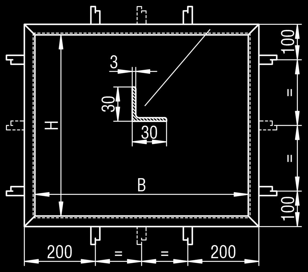 Bajo pedido se suministra un marco de montaje de perfil angular de acero 30/30/3 imprimado con precio adicional. 1.) 3 agujeros de fijación por lado a partir de una altura o anchura de > 1 600 2.