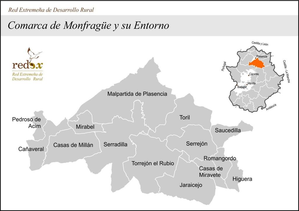 2. Relación de términos municipales y entidades locales incluidas. La superficie de la Comarca de Monfragüe y su Entorno es de 1.