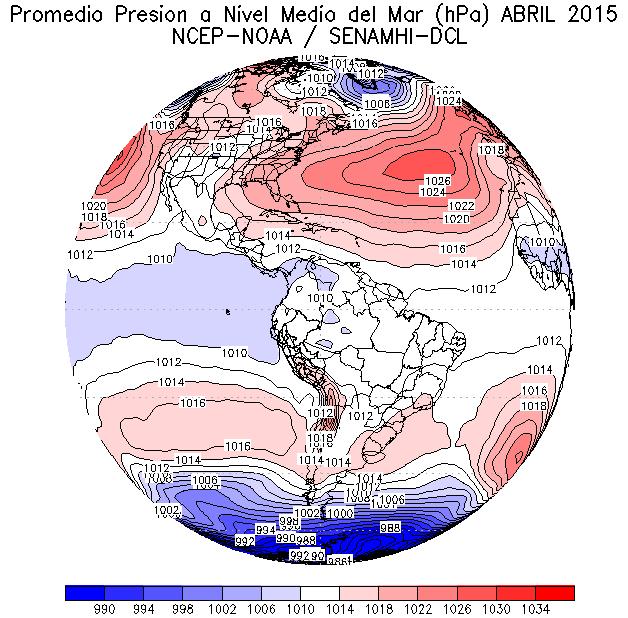 Presión a Nivel del Mar (APS) Durante el mes de abril, el Anticiclón del Pacífico Sur (APS) mostró anomalías negativas de hasta -4 hpa