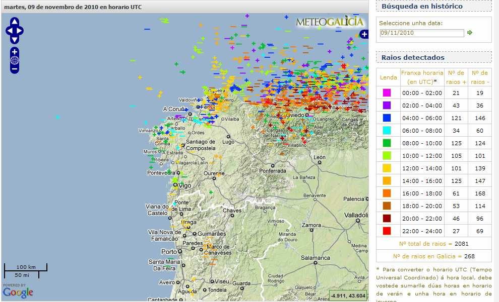 FIGURA 6: Mapa de rayos día 9/11/2010 O día 9 en Galicia detectáronse 268 raios que afectaron principalmente ó norte de Galicia e a costa galega.