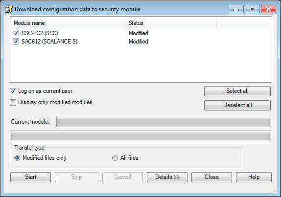 Configurar túnel VPN 4.4 Túnel VPN entre todos los productos Security 4.4.5 Cargar la configuración en un módulo Security y guardar la configuración de SOFTNET Security Client SCALANCE S y SOFTNET Security Client - procedimiento: 1.
