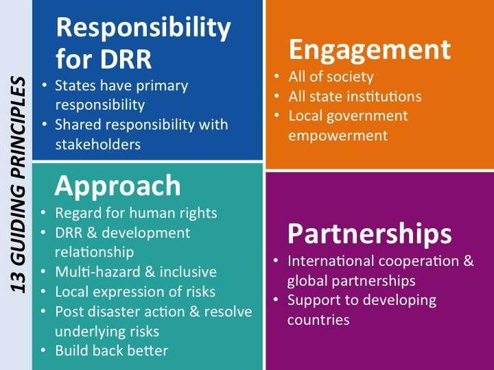 13 PRINCIPIOS GUÍAS Responsabilidad de la RRD Los Estados tienen la responsabilidad primordial La responsabilidad es compartida con los grupos de interés Enfoque Considerar los derechos humanos RRD &