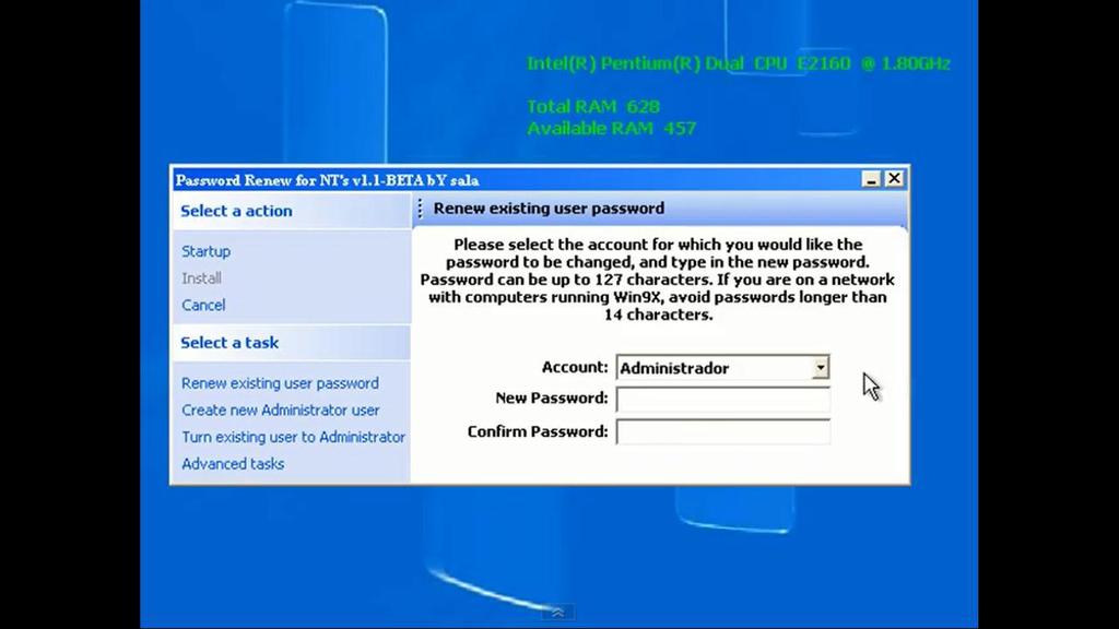 Renew existing user password, sería la siguiente opción, ponemos una contraseña y a la izquierda le