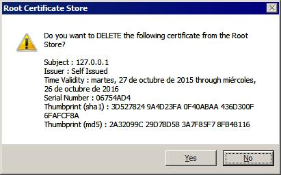 Pulse el botón Sí / Yes para eliminar este certificado.