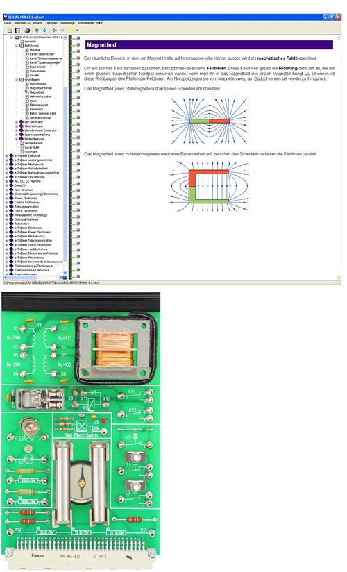 Volumen de suministro: 1 tarjeta de experimentación con 7 circuitos preparados Transformador con núcleo de hierro extraíble Aguja de brújula para el análisis de los campos magnéticos Componentes