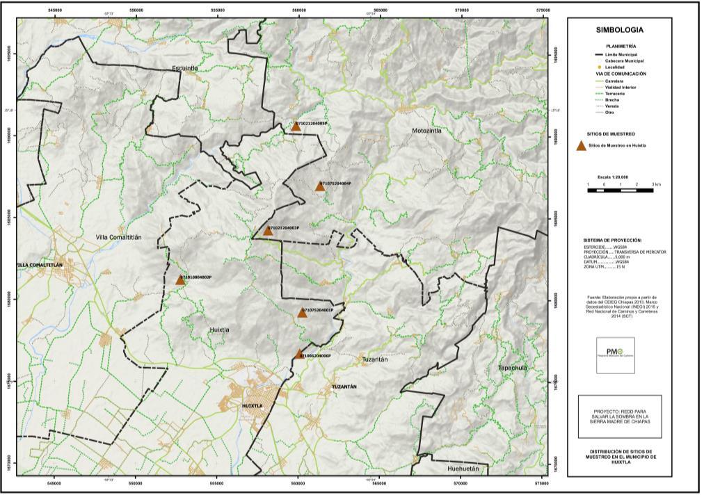 Figura 15. Distribución de sitios de muestreo en el municipio de Huixtla. Cuadro 16. Sitios de muestreo para el municipio de Huixtla. Punto Región Municipio Tenencia 1 Soconusco Huixtla Prop.