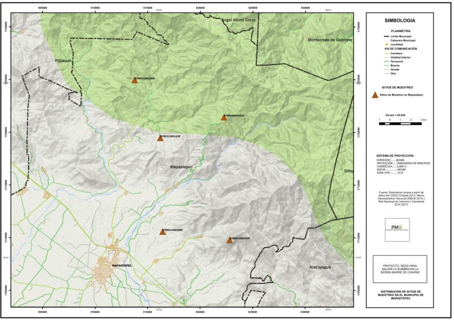 Figura 17. Distribución de sitios de muestreo en el municipio de Mapastepec. Cuadro 18. Sitios de muestreo para el municipio de Mapastepec.