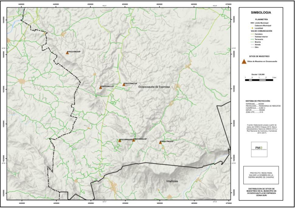 Figura 21. Distribución de los sitios de muestreo en el municipio de Ocozocuautla de Espinosa (Zona Sur). Cuadro 21. Sitios de muestreo en el municipio de Ocozocuatla de Espinoza.