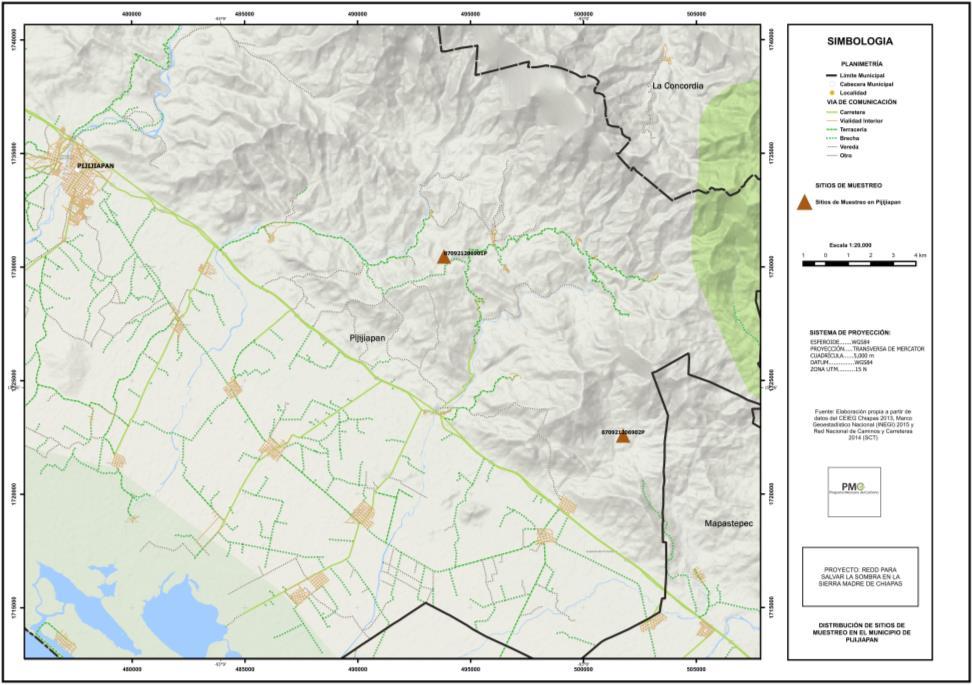 Figura 22. Distribución de sitios de muestreo en el municipio de Pijijiapan. Cuadro 22.