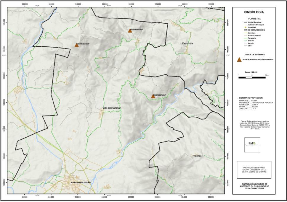 Figura 27. Distribución espacial de sitios de muestreo en el municipio de Villa Comaltitlán. Cuadro 27.