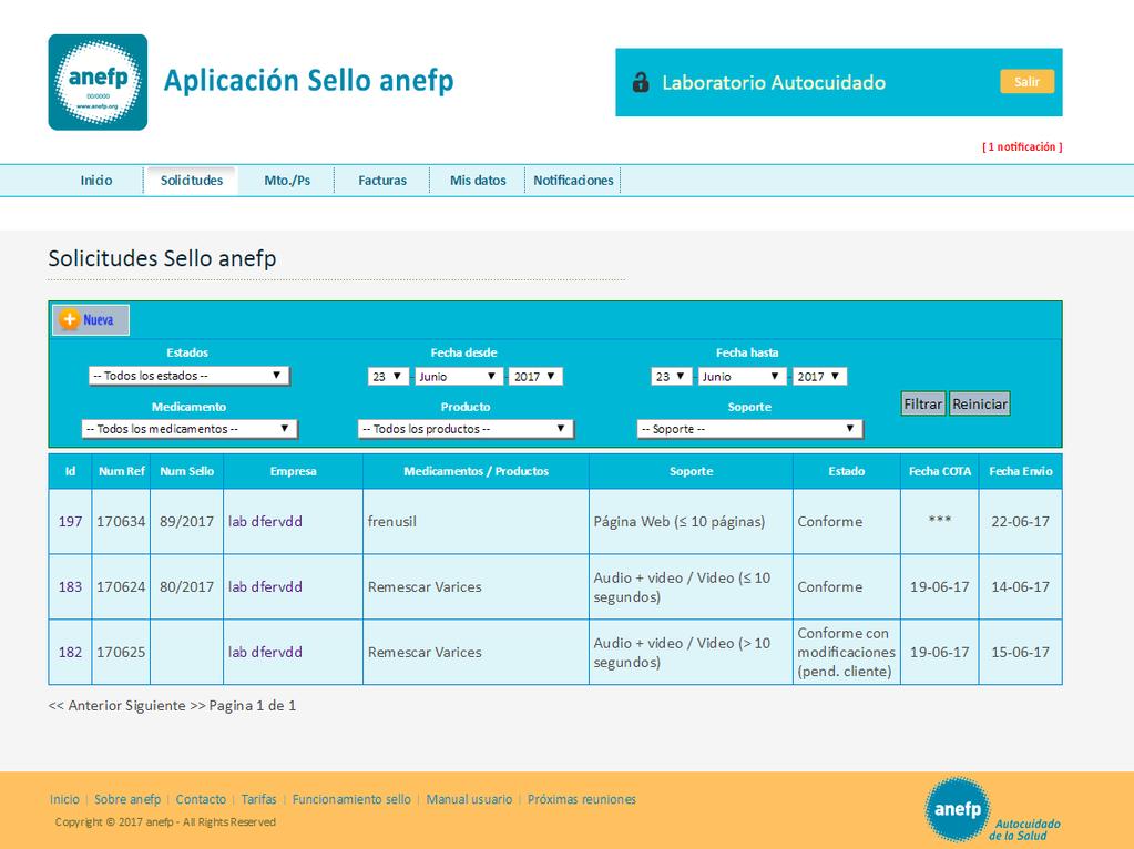 Pestaña Solicitudes de la App Sello anefp - Mto./Ps: Recoge los medicamentos y los productos sanitarios dados de alta por el solicitante.