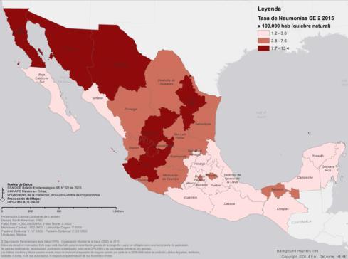 Los estados con la mayor actividad de neumonía durante la SE 2 fueron Colima, Chihuahua, Jalisco y Sonora Influenza detections (35.