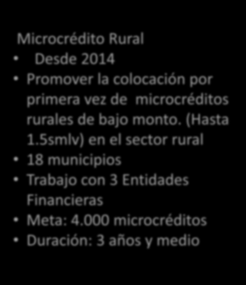 Incentivo al Microcrédito Microcrédito urbano y rural Desde el 2009 Promover la colocación por primera vez de microcréditos de bajo