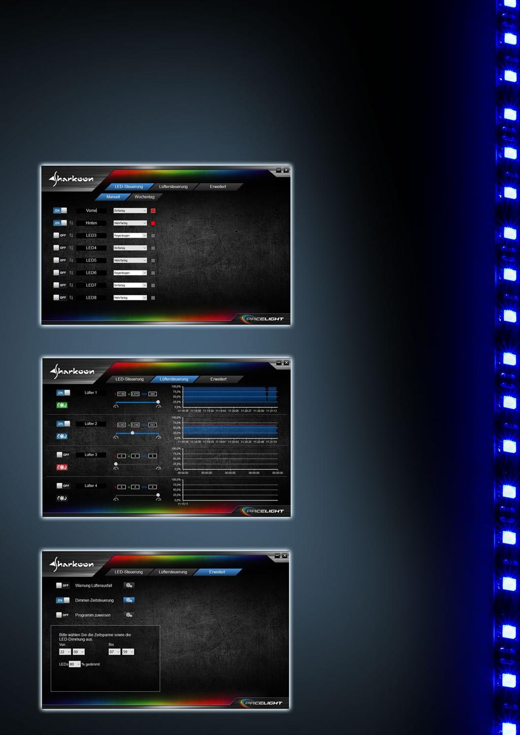 Software eficiente e intuitivo El software PACELIGHT ofrece control de color y efectos por separado para cada uno de los hasta ocho componentes LED conectados.