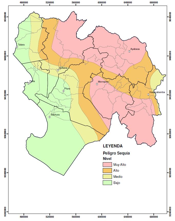 Para el peligro sequía o deficiencia de lluvias, YAURI 2016, presenta el mapa de Piura que refleja que la zona de la Meseta Andina Central se encuentra en Peligro Muy Alto.