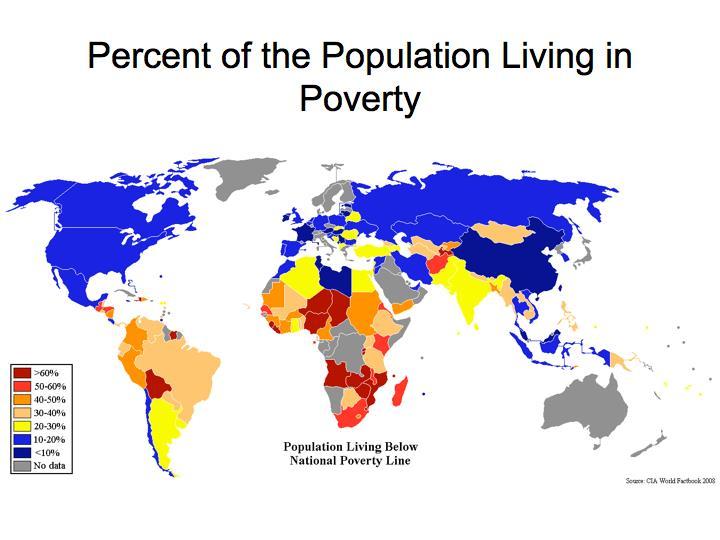 Shows the percent of the population living in