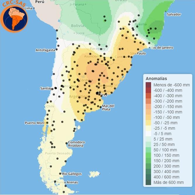 Sobre el Atlántico se destacan, al igual que el mes anterior, las anomalías cálidas sobre toda la costa Argentina y entre 30 S y 60