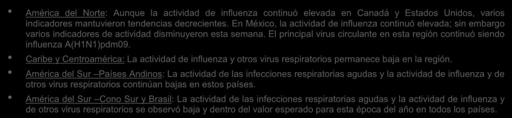 El principal virus circulante en esta región continuó siendo influenza A(H1N1)pdm09. Caribe y Centroamérica: La actividad de influenza y otros virus respiratorios permanece baja en la región.