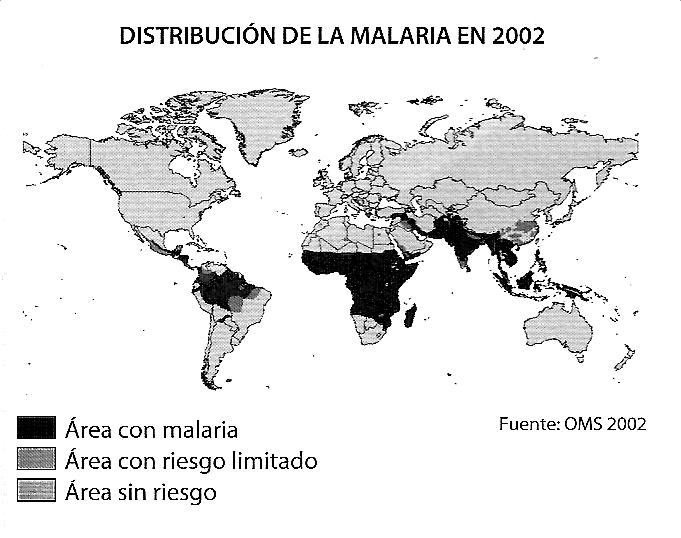 1.2 A partir del mapa de distribución de la malaria, contesta: a) Cuáles son las áreas de distribución de esta enfermedad? b) Se puede afirmar que la malaria es una enfermedad endémica?