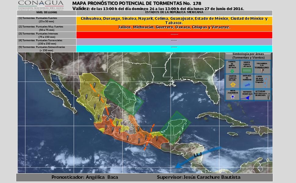 Lluvias escasas o lloviznas (0.1 a 5 mm): Zacatecas, Aguascalientes, Yucatán y Quintana Roo.