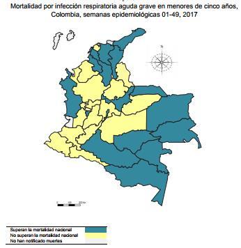 Colombia: ARI-related deaths reported among children under 5 years of age by territorial entity, EW 49, 2017, as compared to 2014-2016. Ecuador Graph 1.