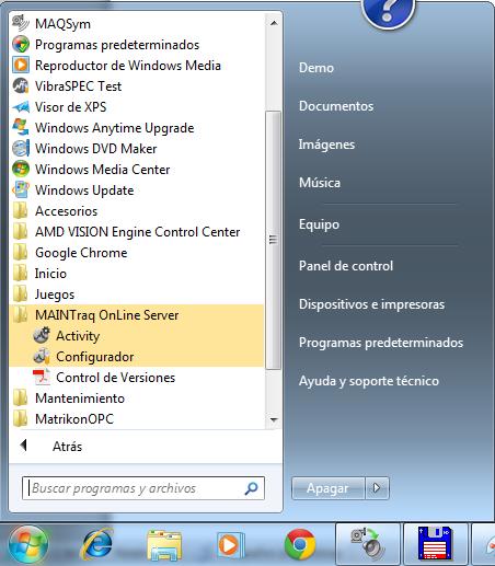 5. Observe los programas instalados dentro de la carpeta MAINTraq OnLine Server de la lista de programas de Windows Activity: Este programa permite iniciar o detener el funcionamiento del servidor y