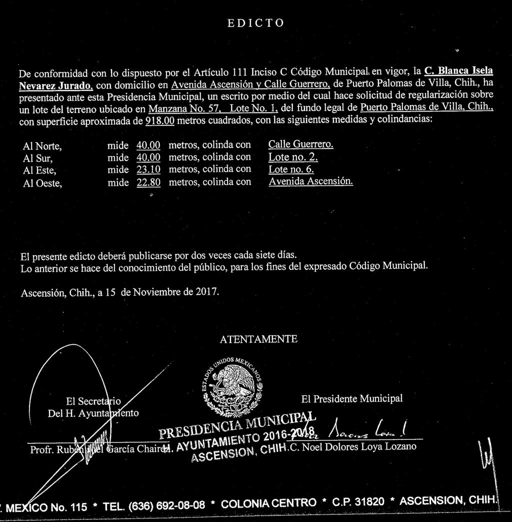 Miércoles 18 de abril de 2018. PERIÓDICO OFICIAL 1899 Presidencia Municipal Ascensión, Chih.