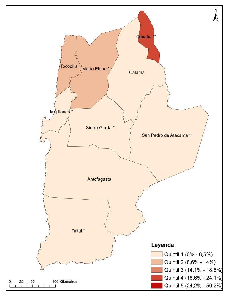 Porcentaje de población en situación de Pobreza por Ingresos en comunas de la Región de Antofagasta (2015) Porcentaje de población en situación de Pobreza Multidimensional en comunas de la Región de