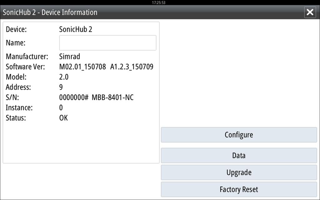Información del dispositivo SonicHub 2 Abra el cuadro de diálogo Ajustes de red y seleccione el dispositivo SonicHub 2 en la lista de dispositivos.