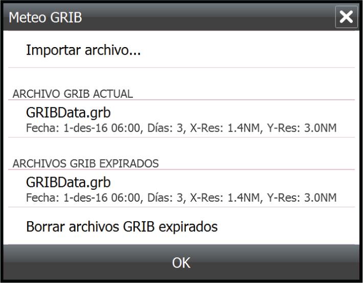 Con este cuadro de diálogo también puede seleccionar un archivo GRIB que esté disponible. Seleccionar un archivo GRIB equivale a importarlo en memoria.