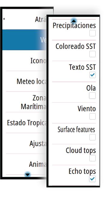 6 Sombreados de color de SST Utilice el menú de la opción Meteo Sirius para seleccionar qué simbología meteorológica se debe mostrar y cómo debe aparecer en el panel de carta.