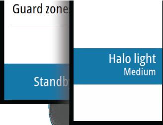 Luz de Halo Controla los niveles de iluminación azul del pedestal del Radar Halo. Existen cuatro niveles de iluminación. La iluminación solo puede ajustarse cuando el radar está en modo de espera.