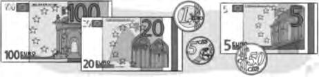 11 Monedas y billetes PLAN DE MEJORA Ficha 37 1 euro 5 100 céntimos. Hay billetes de 5, 10, 20, 50, 100, 200 y 500 euros.