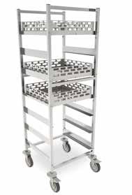 Carros para cestas Para el estocaje y transporte de cestas de vajilla de 500 x 500 mm. Fabricados íntegramente en acero inoxidable AISI 304 18/10.