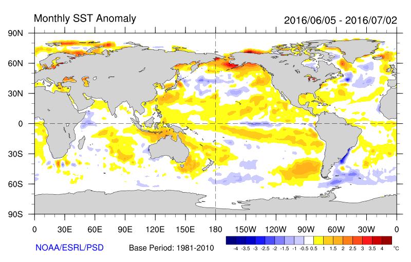 TEMPERATURA DE AGUA DE MAR (TSM)- PROMEDIO MENSUAL Durante el mes de junio se observaron anomalías positivas de la Temperatura Superficial del Mar (TSM) en el océano Pacífico ecuatorial alrededor de