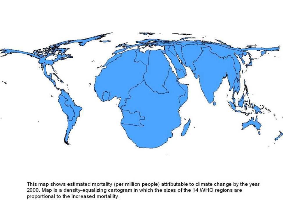 Impactos en la Salud Malnutricion > diarrea> malaria > inundaciones Density-equalling cartogram: Patz, Gibbs, et al, 2007.